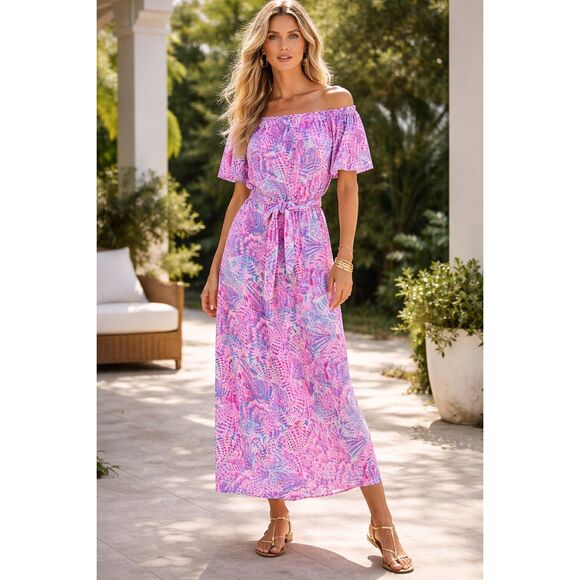 Lilly Pulitzer Moriah Off Shoulder Midi Dress S Preppy Coastal Resort Boho - Picture 2 of 16
